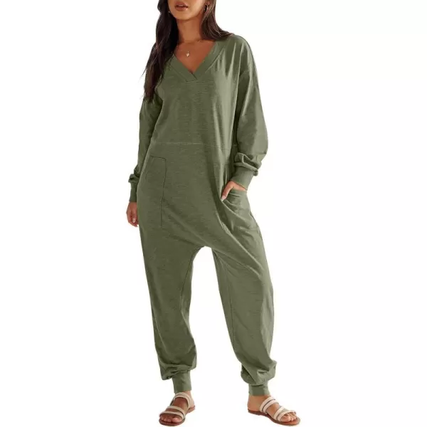 imageANRABESS Womens Casual Loose Jumpsuits Long Sleeve V Neck Oversized Rompers Baggy Overalls Lounge Pajamas Onesie JumperArmy Green