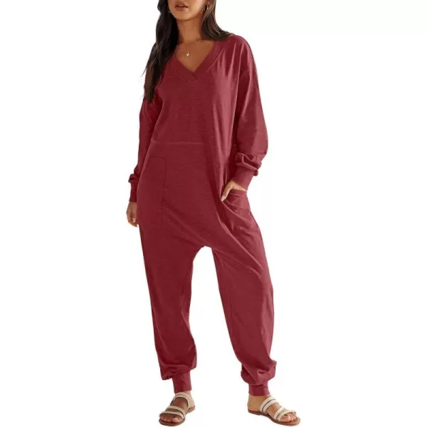 imageANRABESS Womens Casual Loose Jumpsuits Long Sleeve V Neck Oversized Rompers Baggy Overalls Lounge Pajamas Onesie JumperBurgundy