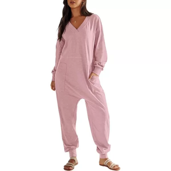 imageANRABESS Womens Casual Loose Jumpsuits Long Sleeve V Neck Oversized Rompers Baggy Overalls Lounge Pajamas Onesie JumperPink