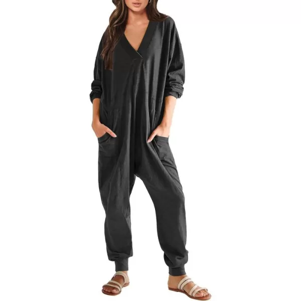 imageANRABESS Womens Casual Loose Jumpsuits Long Sleeve V Neck Rompers Baggy Overalls Lounge Pajamas Onesie Jumpers with PocketBlack