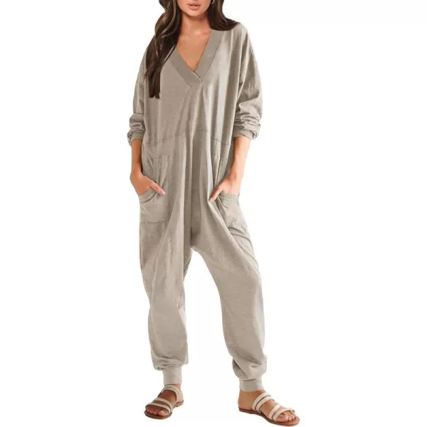 imageANRABESS Womens Casual Loose Jumpsuits Long Sleeve V Neck Rompers Baggy Overalls Lounge Pajamas Onesie Jumpers with PocketLight Khaki