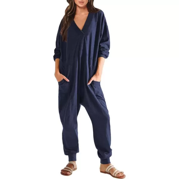 imageANRABESS Womens Casual Loose Jumpsuits Long Sleeve V Neck Rompers Baggy Overalls Lounge Pajamas Onesie Jumpers with PocketNavy Blue