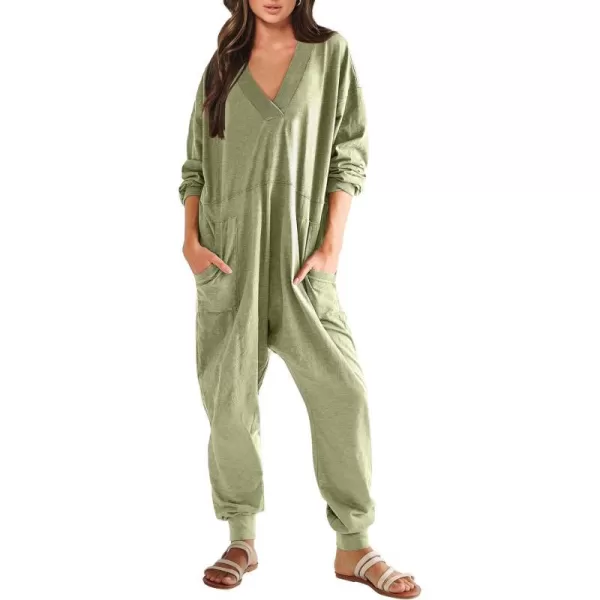 imageANRABESS Womens Casual Loose Jumpsuits Long Sleeve V Neck Rompers Baggy Overalls Lounge Pajamas Onesie Jumpers with PocketPea