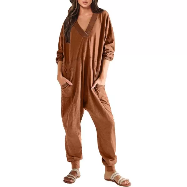 imageANRABESS Womens Casual Loose Jumpsuits Long Sleeve V Neck Rompers Baggy Overalls Lounge Pajamas Onesie Jumpers with PocketRust