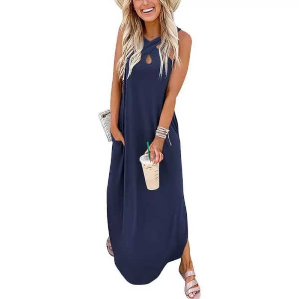 imageANRABESS Womens Casual Loose Sleeveless Beach Dress Criss Cross Slit Side Summer Maxi Sun DressesNavy Blue