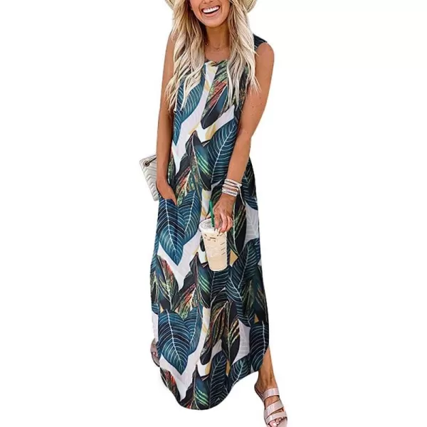 imageANRABESS Womens Casual Loose Sundress Long Dress Sleeveless Split Maxi Dresses Summer Beach Dress with PocketsPrinted Leaves