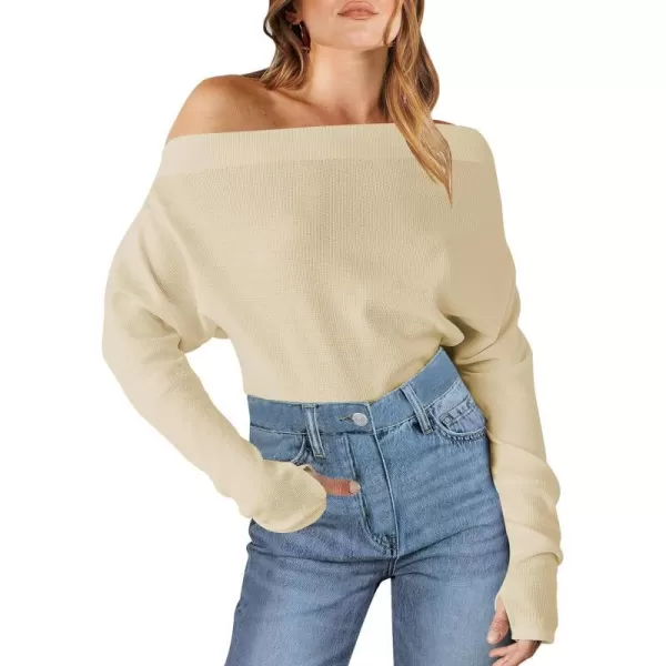 imageANRABESS Womens Casual Off The Shoulder Long Batwing Sleeve Waffle Knit Shirt Pullover Sweater Tunic TopApricot