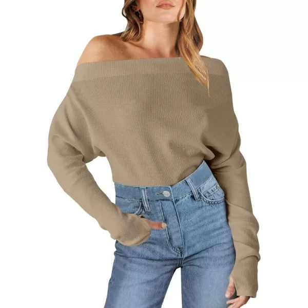imageANRABESS Womens Casual Off The Shoulder Long Batwing Sleeve Waffle Knit Shirt Pullover Sweater Tunic TopKhaki