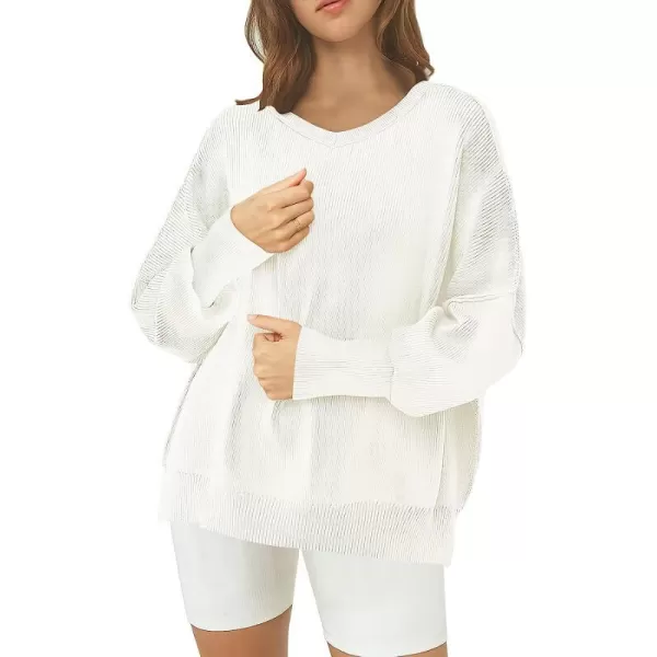 imageANRABESS Womens Casual Oversized Sweater V Neck Batwing Sleeve Side Slit Ribbed Knit Pullover Top 2023 Winter ClothesWhite