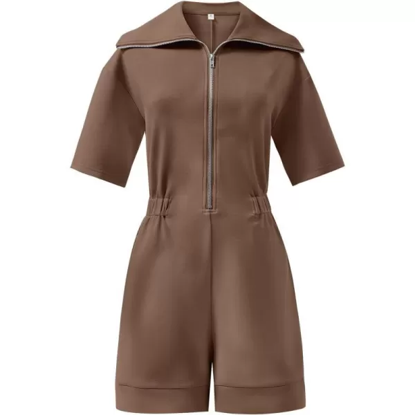 imageANRABESS Womens Casual Rompers Short Sleeve Half Zip Collars Shorts Jumpsuits Summer OutfitsBrown