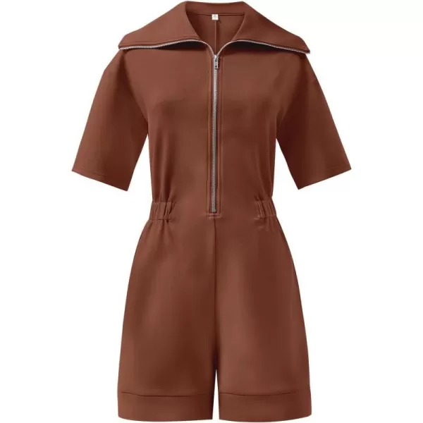 imageANRABESS Womens Casual Rompers Short Sleeve Half Zip Collars Shorts Jumpsuits Summer OutfitsRed Brown