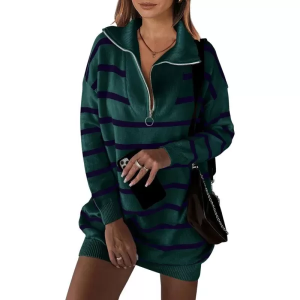 imageANRABESS Womens Casual Striped Sweater Dress Oversized Half Zip Knitted Long Sleeve Loose 2023 Fall Winter Short Mini DressDark Green