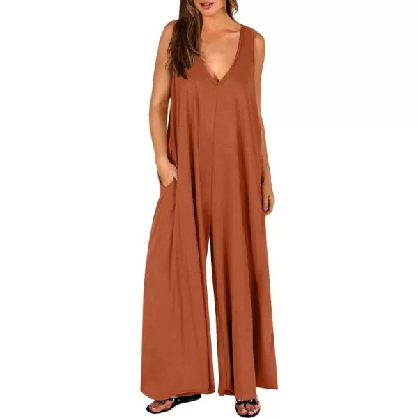 imageANRABESS Womens Casual Summer Loose Jumpsuits Sleeveless Tank V Neck Wide Leg Long Pant Rompers Baggy Jumper with PocketsBrick Red