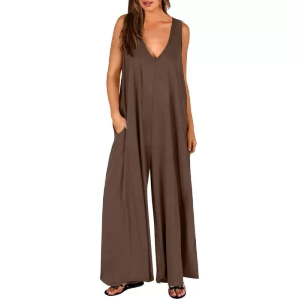 imageANRABESS Womens Casual Summer Loose Jumpsuits Sleeveless Tank V Neck Wide Leg Long Pant Rompers Baggy Jumper with PocketsCoffee