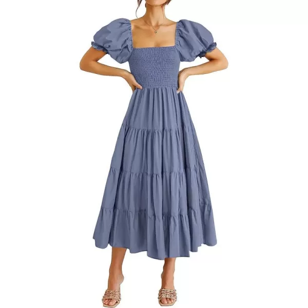 imageANRABESS Womens Casual Summer Midi Dress Puffy Short Sleeve Square Neck Smocked Tiered Boho DressesBlue