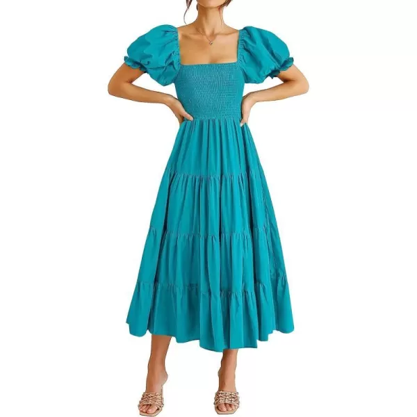 imageANRABESS Womens Casual Summer Midi Dress Puffy Short Sleeve Square Neck Smocked Tiered Boho DressesCyan
