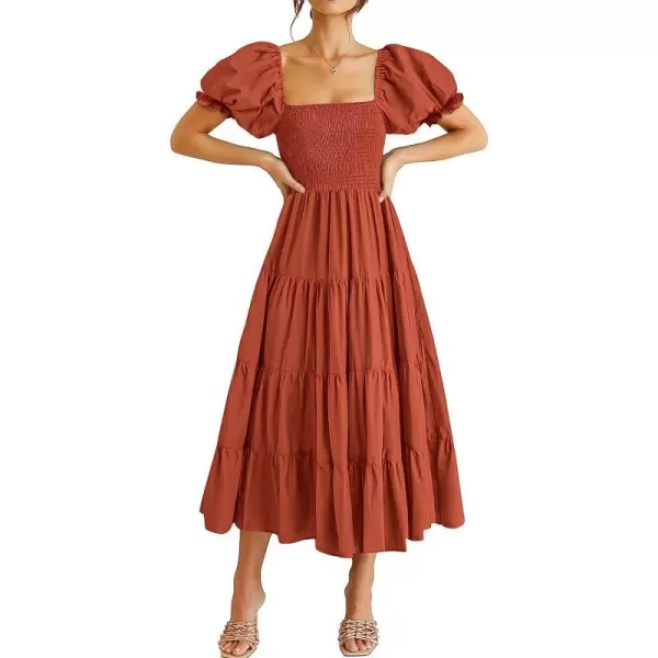 imageANRABESS Womens Casual Summer Midi Dress Puffy Short Sleeve Square Neck Smocked Tiered Boho DressesRust