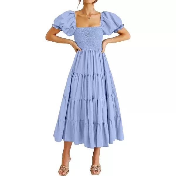 imageANRABESS Womens Casual Summer Midi Dress Puffy Short Sleeve Square Neck Smocked Tiered Boho DressesSky Blue