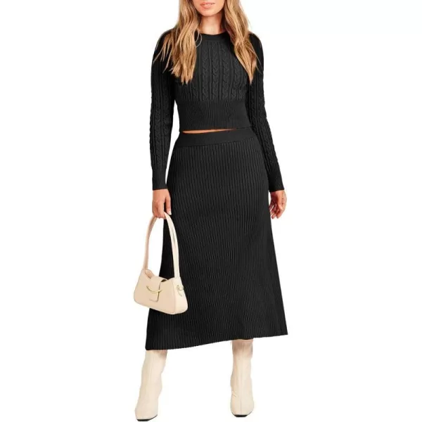 imageANRABESS Womens Casual Two Piece Outfits Dress Long Sleeve Cable Sweater Top and Ribbed ALine Maxi Skirt SetsBlack