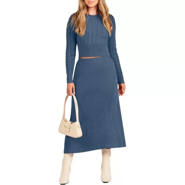 imageANRABESS Womens Casual Two Piece Outfits Dress Long Sleeve Cable Sweater Top and Ribbed ALine Maxi Skirt SetsDusty Blue