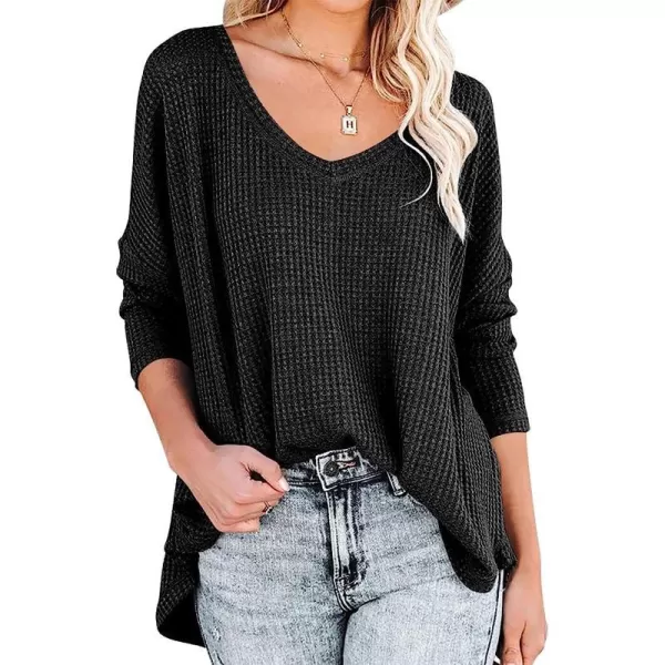 imageANRABESS Womens Causal Off Shoulder Waffle Knit Shirt VNeck Batwing Sleeve Pullover Curved Hem Tunic Tops00black