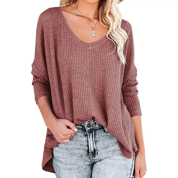imageANRABESS Womens Causal Off Shoulder Waffle Knit Shirt VNeck Batwing Sleeve Pullover Curved Hem Tunic Tops02rust Red