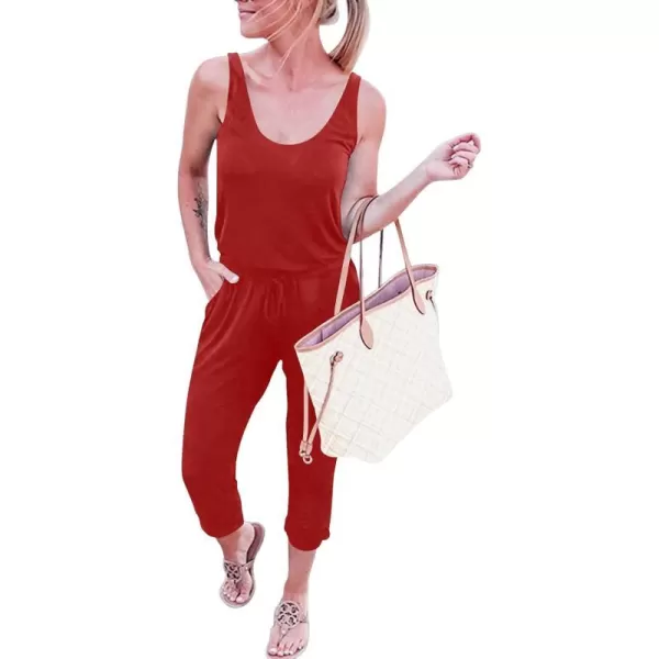 imageANRABESS Womens Causal Tank Jumpsuits Sleeveless Drawstring Elastic Waist Loose Summer Romper Outfits with Pockets01red