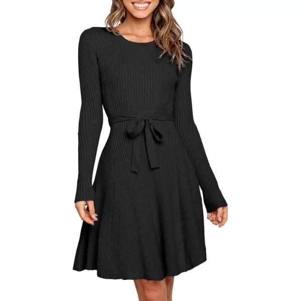 ANRABESS Women's Crewneck Long Sleeve Tie Waist A-Line Swing Bodycon Short Dress Casual Solid Ribbed Knit Sweater Dress