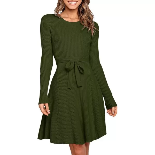 imageANRABESS Womens Crewneck Long Sleeve Tie Waist ALine Swing Bodycon Short Dress Casual Solid Ribbed Knit Sweater DressArmy Green