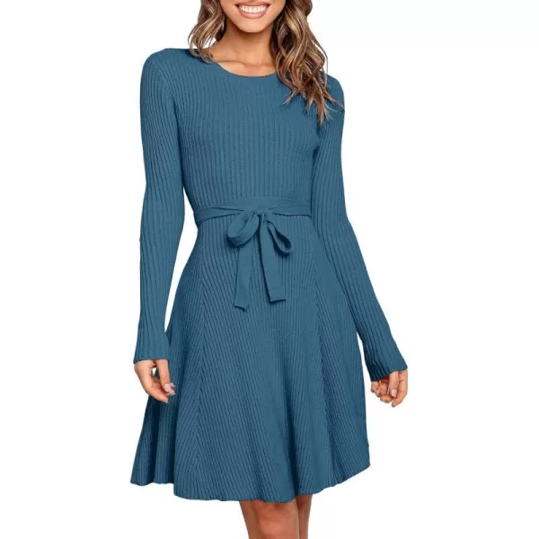 imageANRABESS Womens Crewneck Long Sleeve Tie Waist ALine Swing Bodycon Short Dress Casual Solid Ribbed Knit Sweater DressBlue