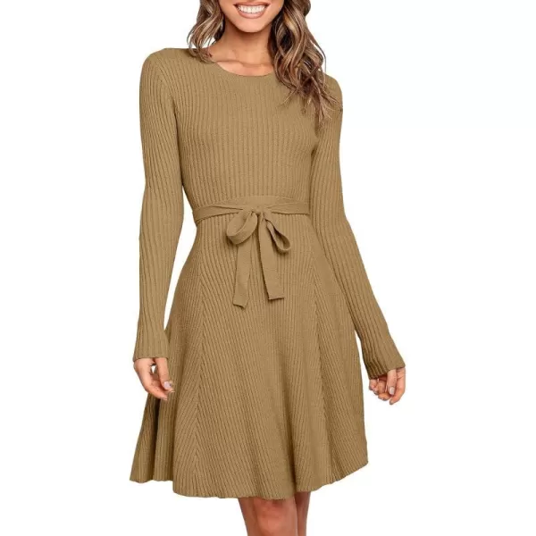 imageANRABESS Womens Crewneck Long Sleeve Tie Waist ALine Swing Bodycon Short Dress Casual Solid Ribbed Knit Sweater DressBrown