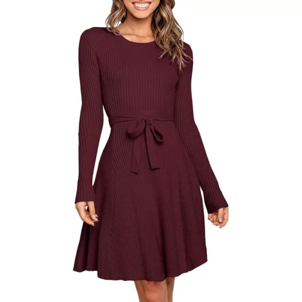 imageANRABESS Womens Crewneck Long Sleeve Tie Waist ALine Swing Bodycon Short Dress Casual Solid Ribbed Knit Sweater DressDeep Red