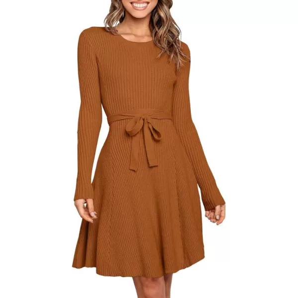 imageANRABESS Womens Crewneck Long Sleeve Tie Waist ALine Swing Bodycon Short Dress Casual Solid Ribbed Knit Sweater DressPumpkin