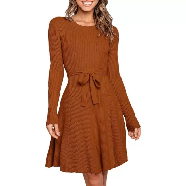 imageANRABESS Womens Crewneck Long Sleeve Tie Waist ALine Swing Bodycon Short Dress Casual Solid Ribbed Knit Sweater DressRust