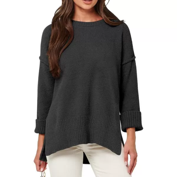 imageANRABESS Womens Crewneck Oversized Sweaters Fuzzy Knit Chunky Warm Side Slit Pullover Long Sleeve Sweater TopBlack