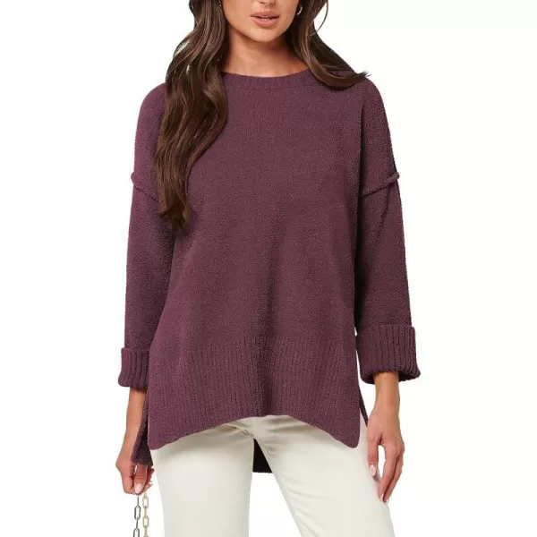 imageANRABESS Womens Crewneck Oversized Sweaters Fuzzy Knit Chunky Warm Side Slit Pullover Long Sleeve Sweater TopBurgundy