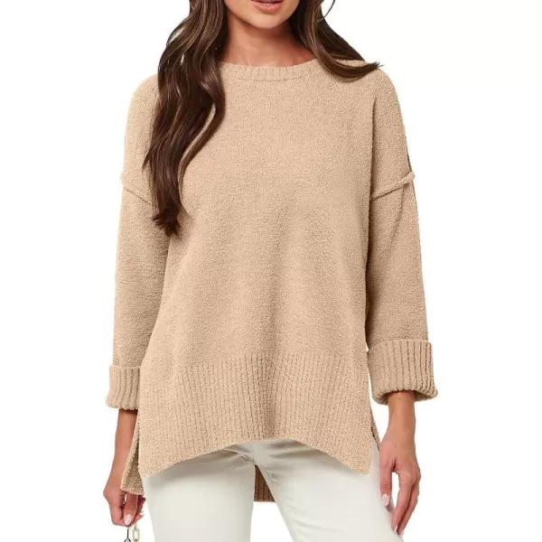 imageANRABESS Womens Crewneck Oversized Sweaters Fuzzy Knit Chunky Warm Side Slit Pullover Long Sleeve Sweater TopCamel