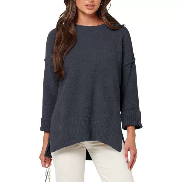 imageANRABESS Womens Crewneck Oversized Sweaters Fuzzy Knit Chunky Warm Side Slit Pullover Long Sleeve Sweater TopDark Grey
