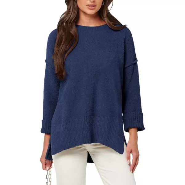 imageANRABESS Womens Crewneck Oversized Sweaters Fuzzy Knit Chunky Warm Side Slit Pullover Long Sleeve Sweater TopNavy Blue