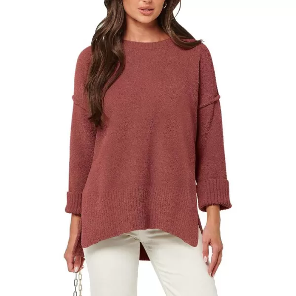 imageANRABESS Womens Crewneck Oversized Sweaters Fuzzy Knit Chunky Warm Side Slit Pullover Long Sleeve Sweater TopRust