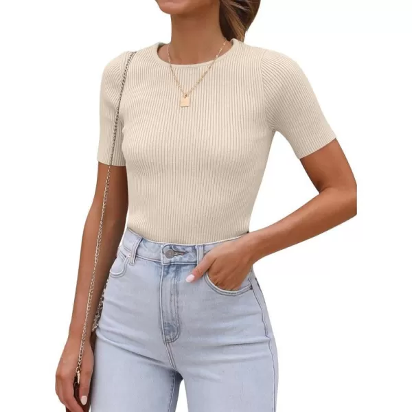 imageANRABESS Womens Crewneck Short Sleeve Tops Ribbed Knit Slim Fit T Shirts 2024 Summer Casual Basic Solid Tee TopApricot