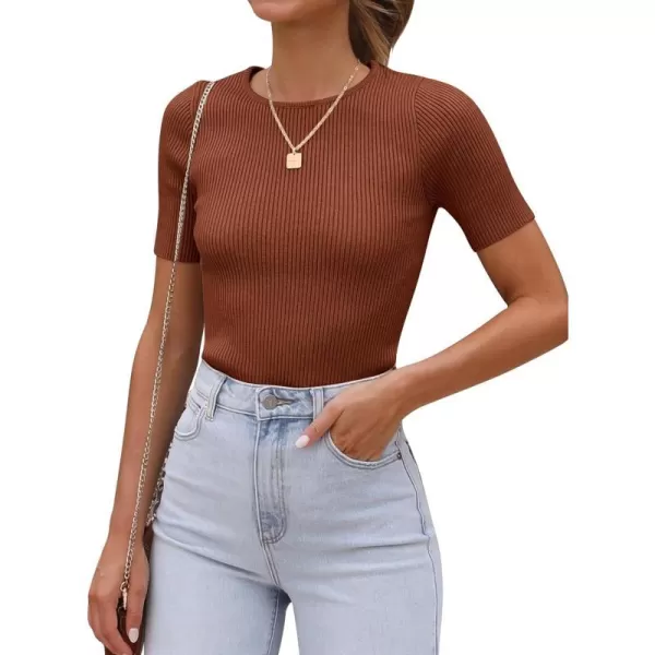 imageANRABESS Womens Crewneck Short Sleeve Tops Ribbed Knit Slim Fit T Shirts 2024 Summer Casual Basic Solid Tee TopBrown
