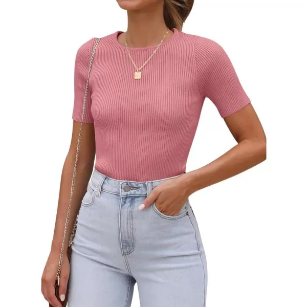 imageANRABESS Womens Crewneck Short Sleeve Tops Ribbed Knit Slim Fit T Shirts 2024 Summer Casual Basic Solid Tee TopCoral