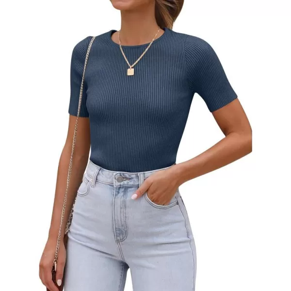 imageANRABESS Womens Crewneck Short Sleeve Tops Ribbed Knit Slim Fit T Shirts 2024 Summer Casual Basic Solid Tee TopDusty Blue