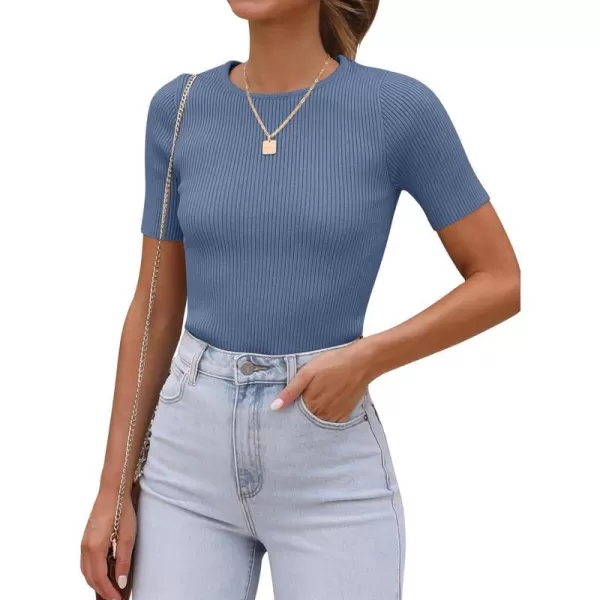 imageANRABESS Womens Crewneck Short Sleeve Tops Ribbed Knit Slim Fit T Shirts 2024 Summer Casual Basic Solid Tee TopGrey Blue