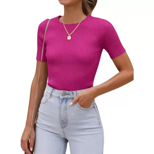 imageANRABESS Womens Crewneck Short Sleeve Tops Ribbed Knit Slim Fit T Shirts 2024 Summer Casual Basic Solid Tee TopHot Pink