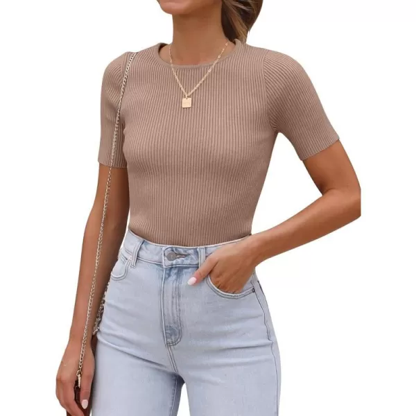 imageANRABESS Womens Crewneck Short Sleeve Tops Ribbed Knit Slim Fit T Shirts 2024 Summer Casual Basic Solid Tee TopKhaki