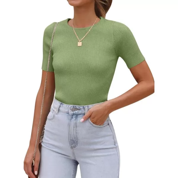 imageANRABESS Womens Crewneck Short Sleeve Tops Ribbed Knit Slim Fit T Shirts 2024 Summer Casual Basic Solid Tee TopLight Green