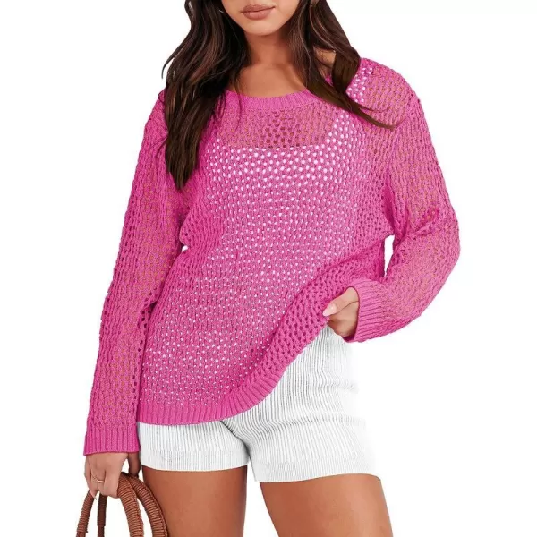 imageANRABESS Womens Crochet Cover Up Shirt Hollow Out Long Sleeve Beach Swimwaer Mesh Pullover Top 2023 Summer OutfitsPink