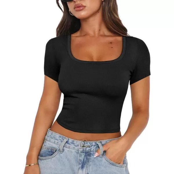 imageANRABESS Womens Crop Tops Slim Fit Short Sleeve Square Neck Basic Tees Going Out Ribbed Tight T ShirtsBlack